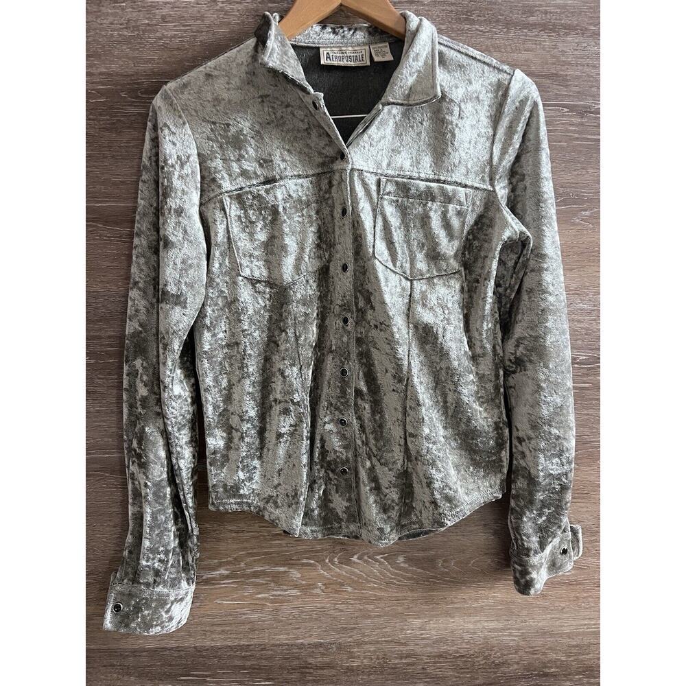 Aeropostale Vintage Y2K Velour Blouse Snap Silver Stretchy Top Shirt 2000’s